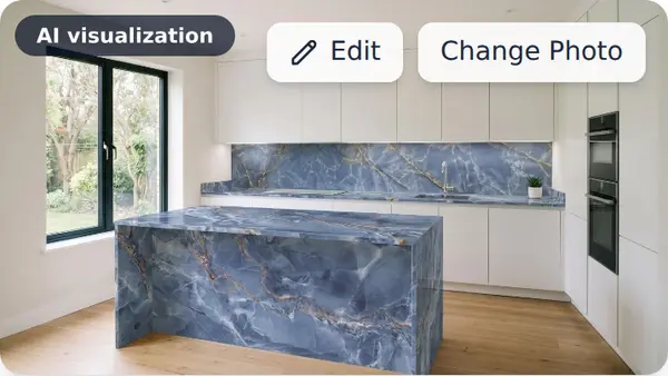 The same kitchen with Onice Cobalto counters, an AI visualization